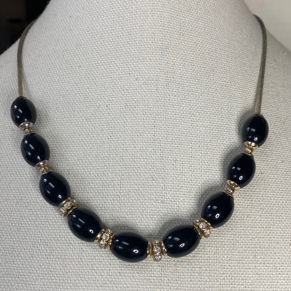 Anne Klein Jewelry - Vintage AK black bead rhinestone necklace